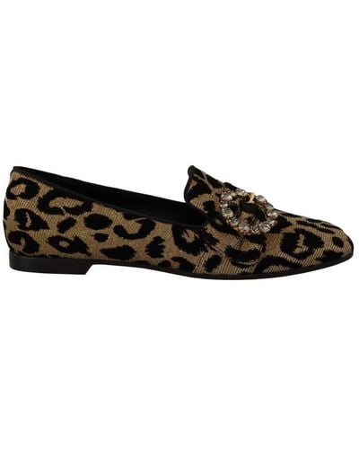 Dolce & Gabbana Leopard Print Crystals Loafers Shoes - Black