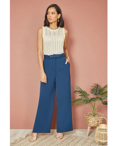 Yumi' Straight Leg Crepe Trousers With Belt - Blue