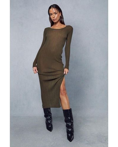 MissPap Sheer Knit Ribbed Backless Split Leg Maxi Dress - Grey