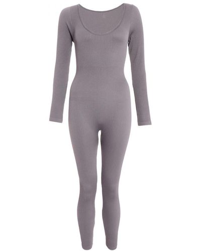 Quiz Ribbed Long Sleeve Jumpsuit - Grey