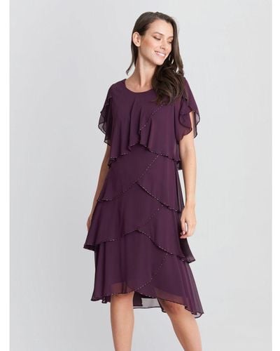 Gina Bacconi Trysta Bugle Beaded Trim Tiered Cocktail Dress With Flitter Sleeves - Purple