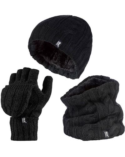 Heat Holders Thermal Winter Fleece Hat, Neck Warmer And Converter Gloves Set - Black
