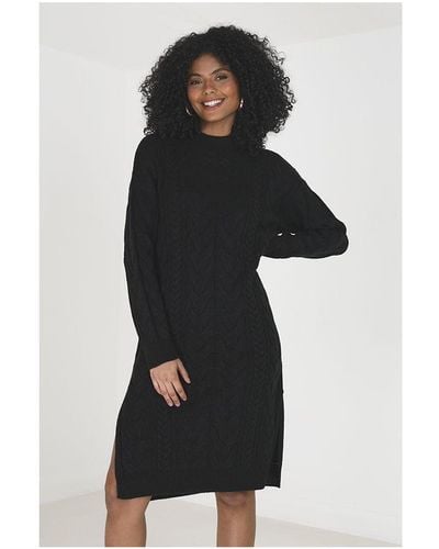 Brave Soul 'Lakeland' Longline Cable Knit Jumper Dress - Black