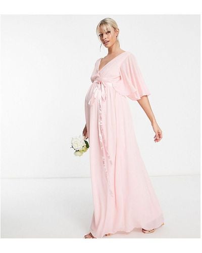TFNC London Maternity Bridesmaid Kimono Sleeve Pleated Maxi Dress With Angel - Pink