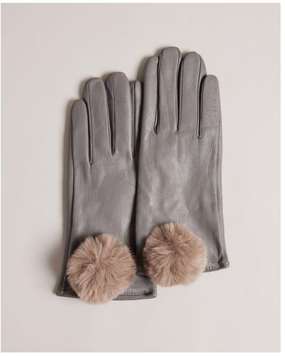 Ted Baker Pom Pom Detail Leather Gloves - Grey