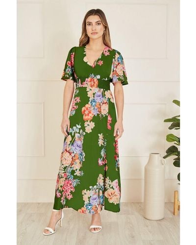 Mela London Floral Ruched Waist Maxi Dress With Split Hemline - Green