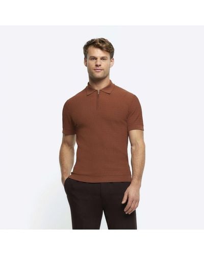 River Island Polo Shirt Muscle Fit Knitted Half Zip - Brown