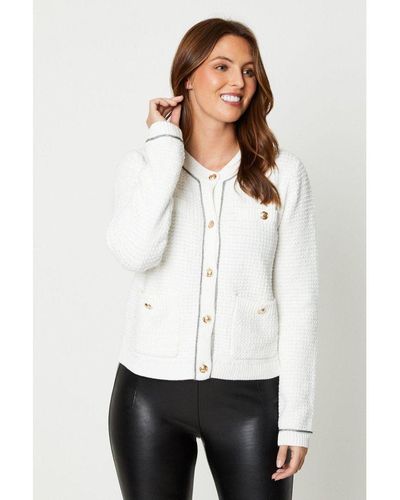 Wallis Boucle Round Neck Button Front Knitted Jacket Cotton - White