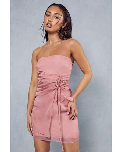 MissPap Chiffon Frill Detail Ruched Bandeau Mini Dress - Pink