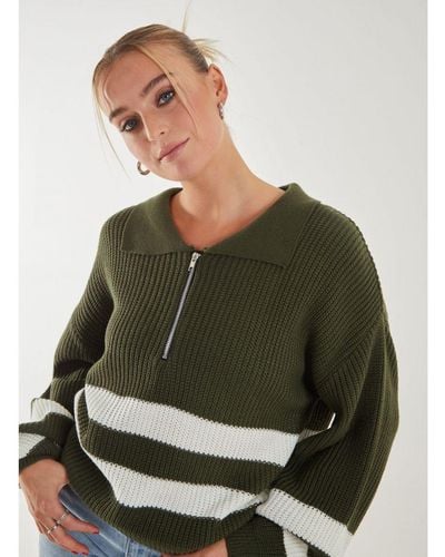 Pink Vanilla Striped Zip-up Collar Knitted Jumper - Green