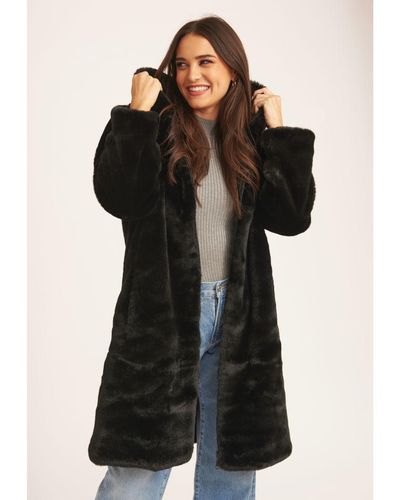 Gini London Faux Fur Hooded Longline Coat - Black