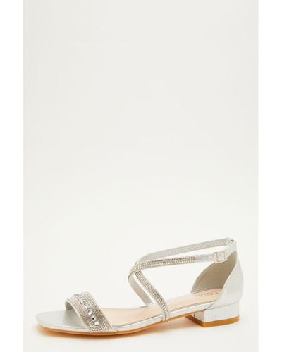 Quiz Silver Diamante Flat Sandals - White