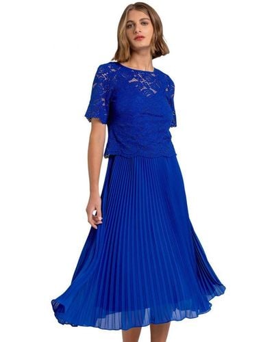 Roman Lace Top Overlay Pleated Midi Dress - Blue