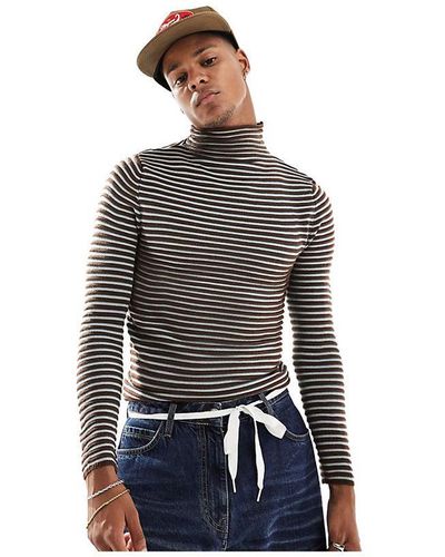 Collusion Knitted Stripe Roll Neck Fine Knit Jumper - White