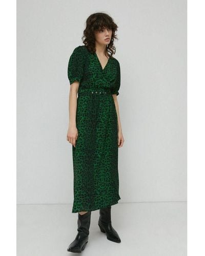 Warehouse Short Sleeve Wrap Midi Dress - Green