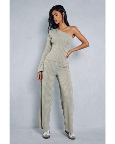 MissPap Ribbed Flare One Sleeve Trouser Co-Ord - Blue