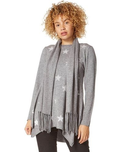 Roman Star Print Knitted Tunic With Tassel Scarf - Grey