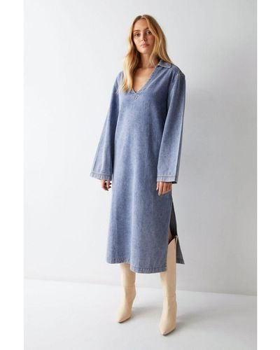 Warehouse Denim Long Sleeve Midi Smock Dress - Blue