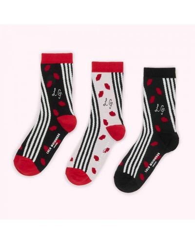 Lulu Guinness Multi Flutter Lips Ankle Socks - 3 Pairs Cotton - Red