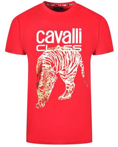 Class Roberto Cavalli Large Gold Tiger Stencil Logo Red T-shirt Cotton
