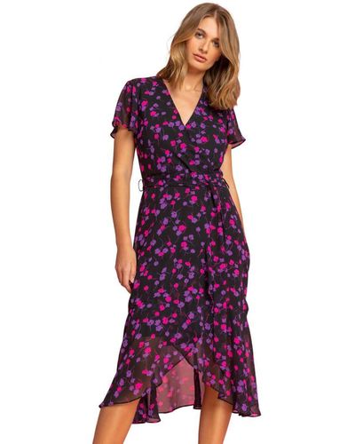 Roman Floral Frill Detail Wrap Dress - Purple