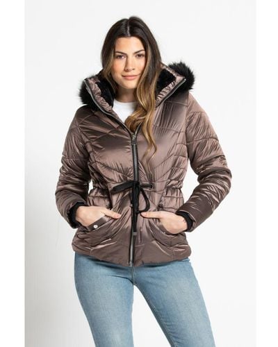 Tokyo Laundry High Shine Quilted Jacket With Faux Fur Trim Hood in Brown |  Lyst UK