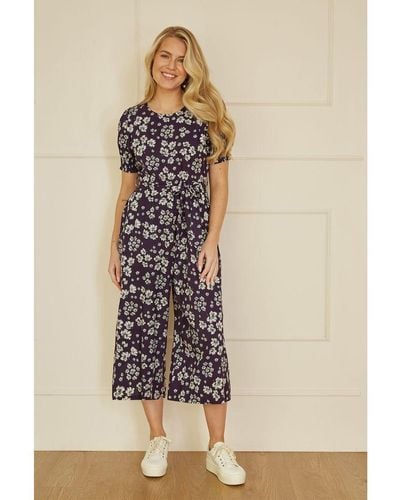 Mela London Floral Jumpsuit With Ruched Sleeves Cotton - Natural