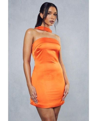MissPap Satin Halterneck Choker Detail Mini Dress - Orange