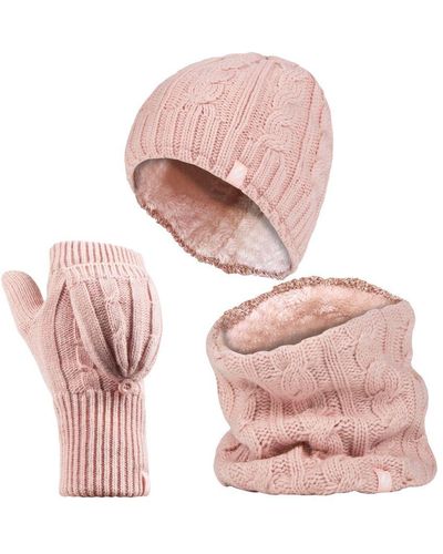 Heat Holders Thermal Winter Fleece Hat, Neck Warmer And Converter Gloves Set - Pink