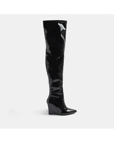 River Island Over The Knee Boots Black Patent Wedge Pu