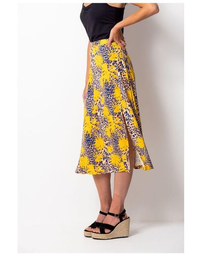 Sosandar Yellow & Blue Tropical Print Midi Skirt