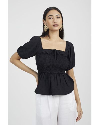 Brave Soul 'Agnei' Puff Sleeve Shirred Top - Black