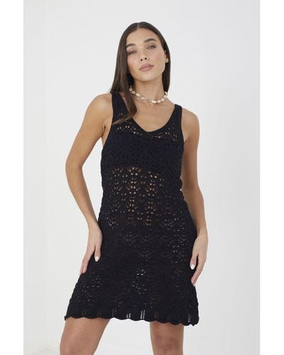 Brave Soul 'Beach' Sleeveless Crochet Knit Dress With Scallop Hem Cotton - Black