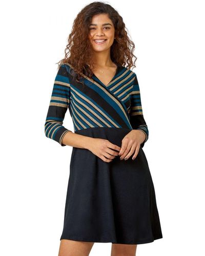 Roman Stripe Print Wrap Stretch Dress - Blue