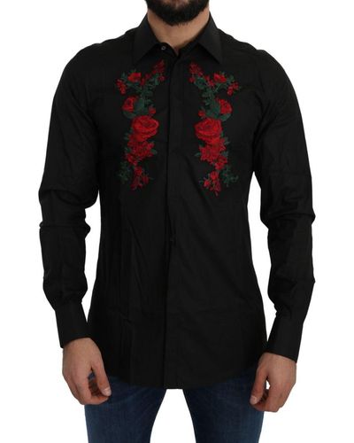 Dolce & Gabbana Cotton Gold-fit Shirt With Rose Patches - Black