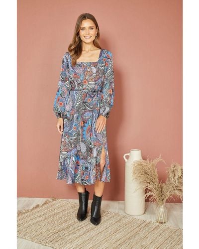 Mela London Paisley Print Long Sleeve Midi Dress - Blue