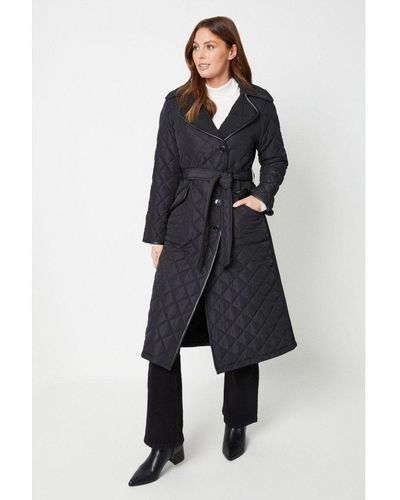 Wallis Belted Longline Quilted Coat With Pu Contrast Trims - Blue