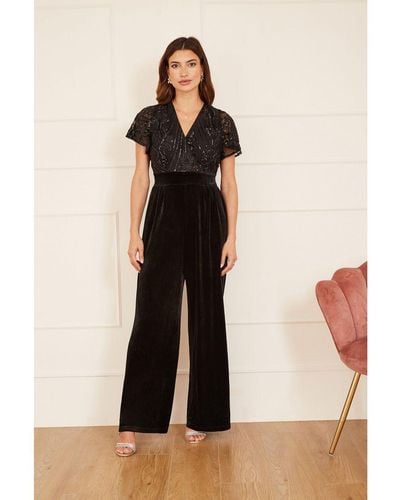 Yumi' Sequin Embellished Velvet Jumpsuit With Angel Sleeves - Natural
