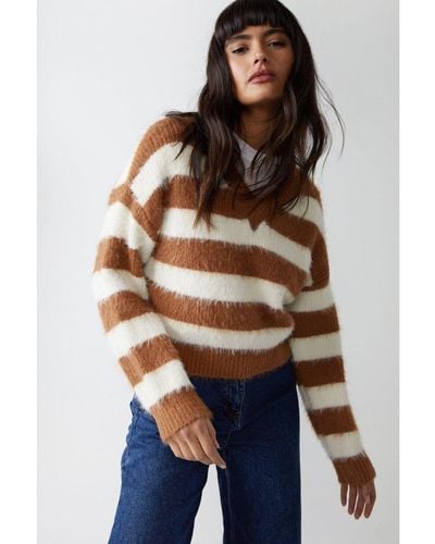 Warehouse Striped V Neck Fluffy Jumper Polyamide - Natural