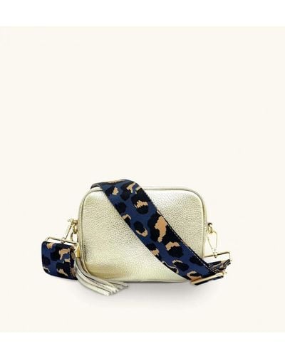 Apatchy London Gold Leather Crossbody Bag With Navy Leopard Strap - Blue