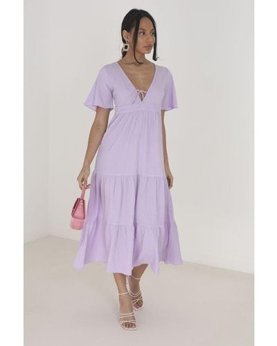 Brave Soul Lilac 'hegal' V-neck Flutter Sleeve Tiered Midi Dress - Purple