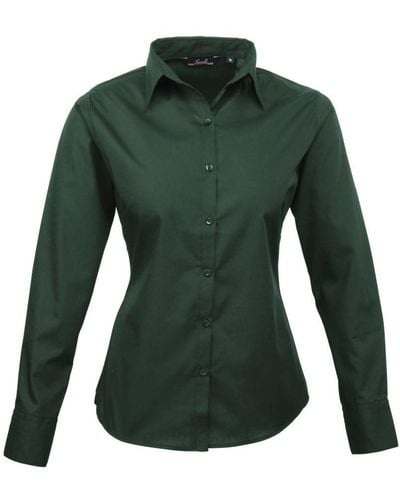 PREMIER Ladies Poplin Long Sleeve Blouse / Plain Work Shirt (Bottle) - Green