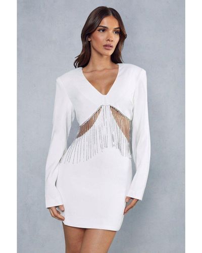 MissPap Premium Diamante Chain Mini Dress - White