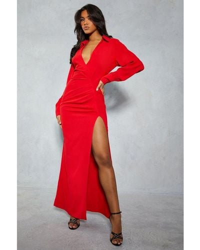 MissPap Satin Ruched Shirt Maxi Dress - Red