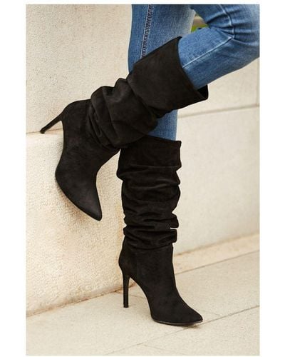 Sosandar Belle Suede Heeled Slouch High Leg Boot Leather - Black