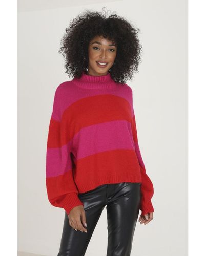Brave Soul 'Mollie' Crew Neck Striped Jumper With Balloon Sleeves - Red