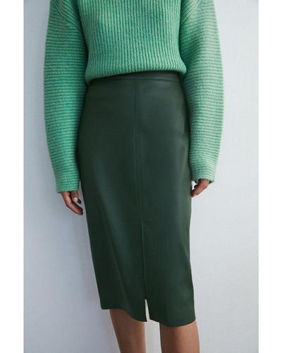 Warehouse Split Front Faux Leather Pencil Skirt - Green