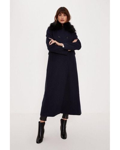 Oasis Maxi Length Double Breasted Fur Collar Dolly Coat - Blue