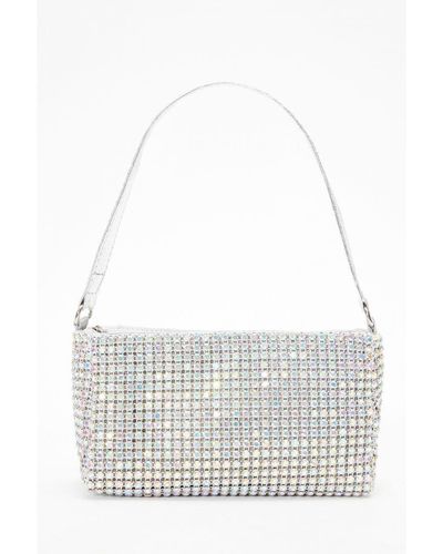 Quiz Silver Diamante Handle Bag - White