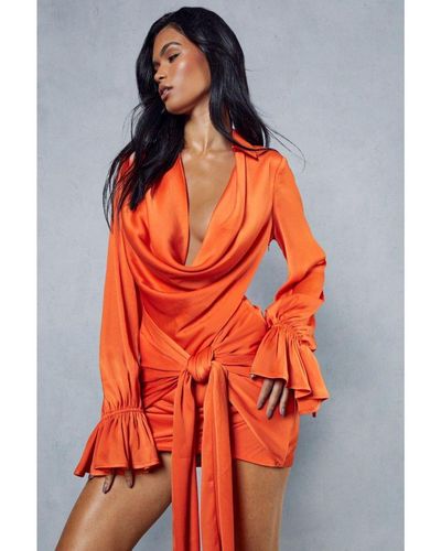 MissPap Satin Draped Plunge Collared Mini Dress - Orange
